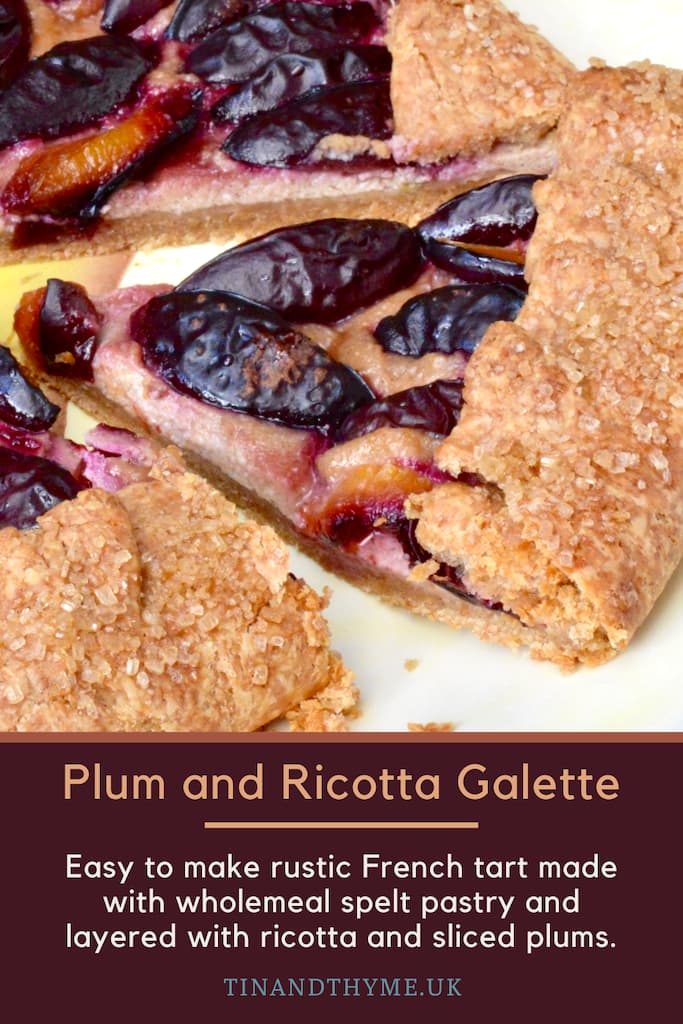 Slice of plum and ricotta galette with wholemeal spelt flaky pastry pulled from main tart.