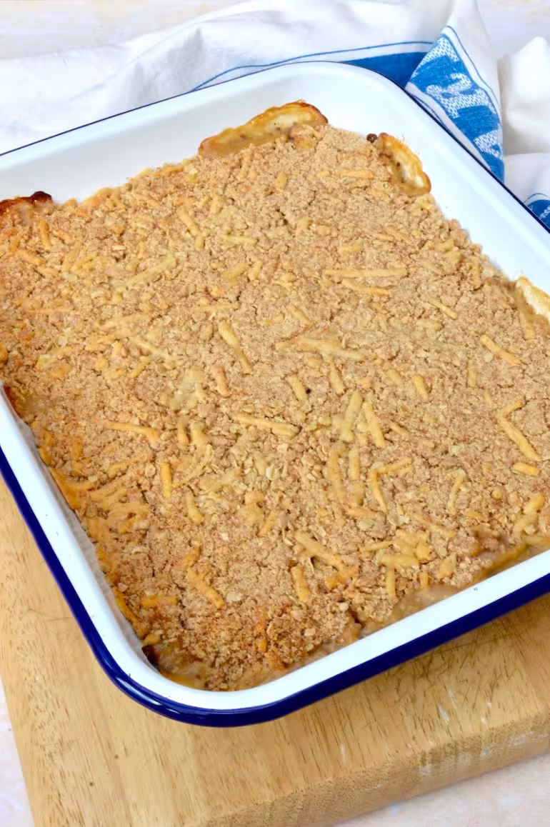 Leek and bean crumble with cheesy topping just out of the oven.